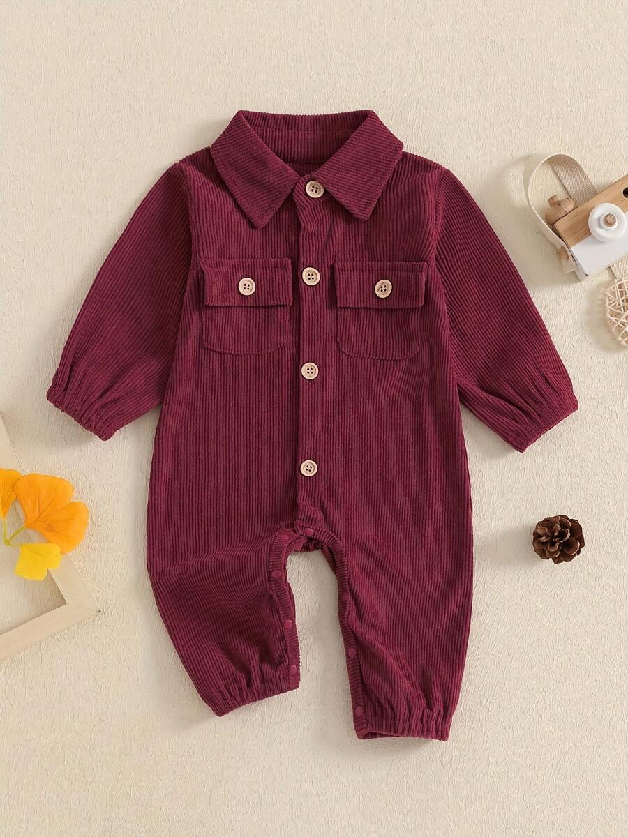 Baby Autumn Casual Corduroy Jumpsuit Long Sleeve Lapel Solid Color Button Up Romper - Burgundy - View 1