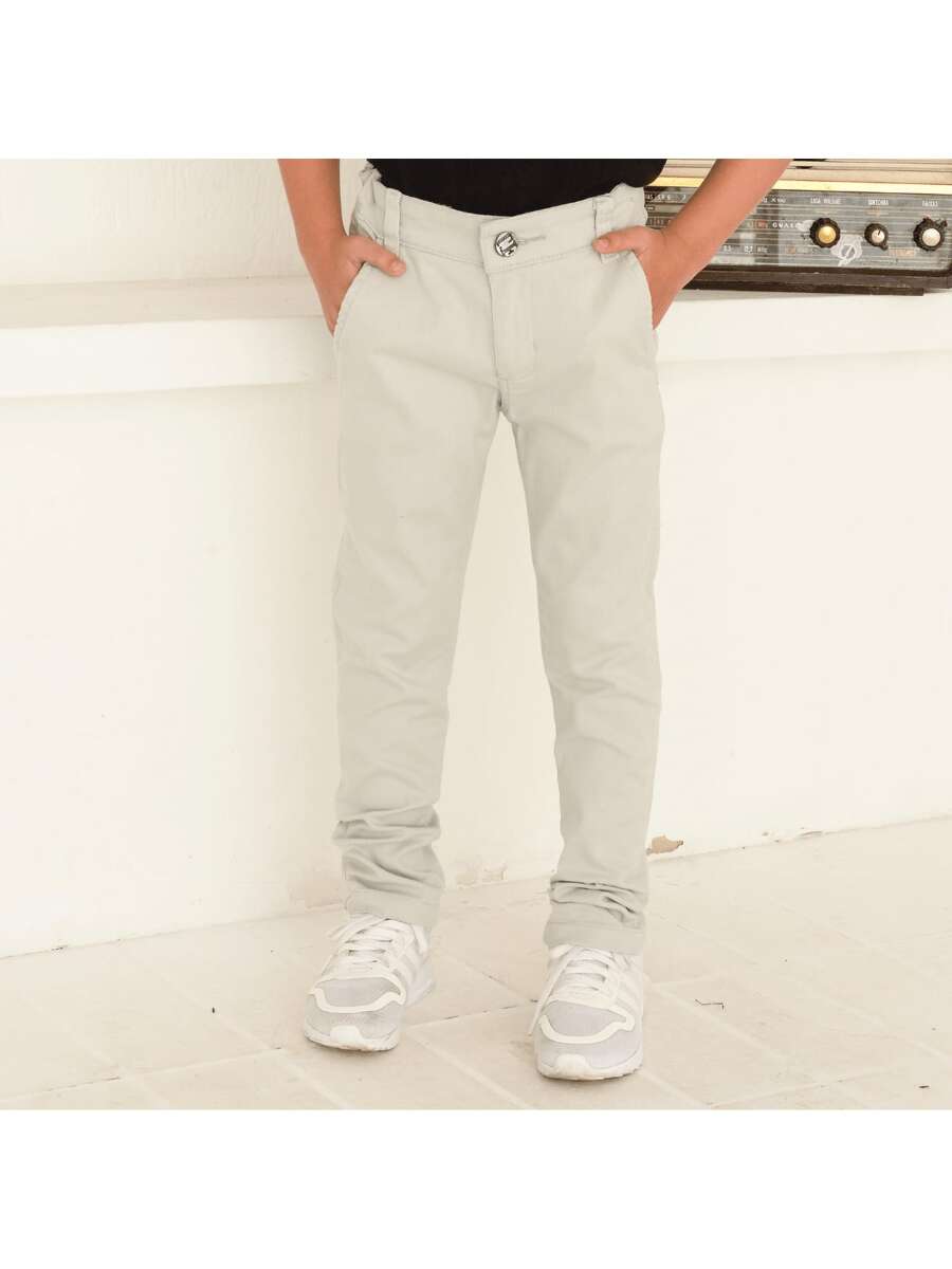Boys' Twill Pants With Knife Pocket And Adjustable Waist, Cotton And Elastane, Chic And Comfortable - Light Grey - View 1