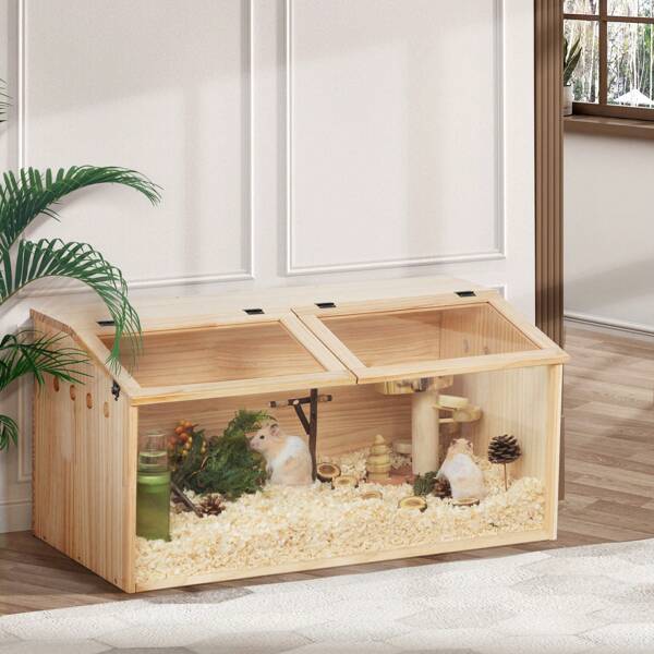 Natural Wood Hamster Cage With Acrylic Windows - Chew-Proof, Ventilated Habitat & Easy-Clean Design For Gerbils, Mice Small Pet Enclosure