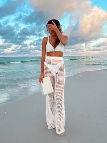 Conjunto de ropa de verano para vacaciones en la playa de mujer, top minimalista casual hueco de unicolor y pantalones - Blanco - Ver 3