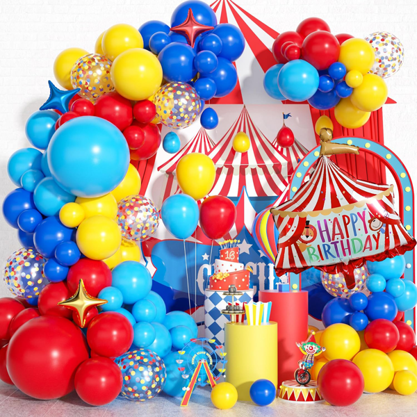 137pcs Carnival Circus Balloon Garland Arch Kit, Matte Red Yellow Pastel Blue Primary Color Confetti Multicolor Balloon Arch Kit With Star Foil Balloons For Birthday Carnival Party Decorations
