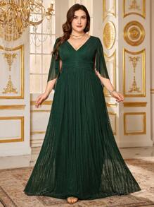 SUPGIR Plus Size Women V-Neck Asymmetric Sleeve Cinched Waist Fold Pleated Casual Comfortable Party Dress, Wedding Guest Dress, Formal Dress, Evening Dress,Gown