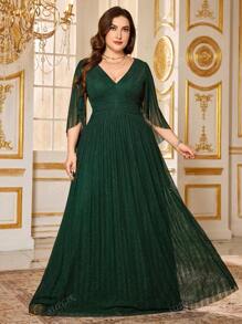 SUPGIR Plus Size Women V-Neck Asymmetric Sleeve Cinched Waist Fold Pleated Casual Comfortable Party Dress, Wedding Guest Dress, Formal Dress, Evening Dress,Gown