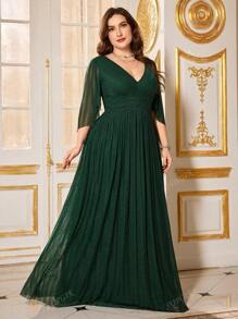 SUPGIR Plus Size Women V-Neck Asymmetric Sleeve Cinched Waist Fold Pleated Casual Comfortable Party Dress, Wedding Guest Dress, Formal Dress, Evening Dress,Gown