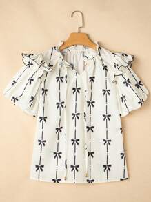 Beige Bow Printed Ruffled Bubble Sleeve Tied Notched V Neck Blouse - Beige - View 3