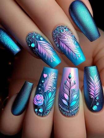 Blue Nails, Long, Shiny, Deep Blue Dreamy Gradient False Nails, Color-Blocking Nails, Pink Fantasy Stripes, Plant Wearable Nails, Elegant And Simple Flower And Leaf False Nail Tips, Cool Nail Stickers, 24 Pieces, Suitable For Going Out, Parties, And Daily Wear. Press On Nails Nail Supplies Nails