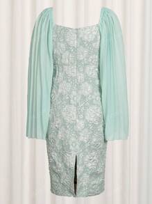 Abito da sera da donna, in jacquard, a forma quadrata, elegante e aderente, in chiffon, con maniche corte arricciate, abito da festa, cerimonia, matrimonio