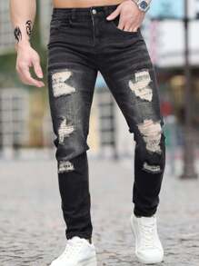 2024 男士弹力洗水破洞牛仔裤，修身舒适直筒休闲裤