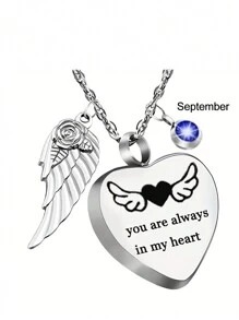 男女定制不锈钢心形翅膀项链、心形爱人发瓮、香水瓶吊坠项链、个性化雕刻姓名和文字、定制诞生石吊坠项链、可爱宠物周年纪念礼物 - 銀色 - 查看 4