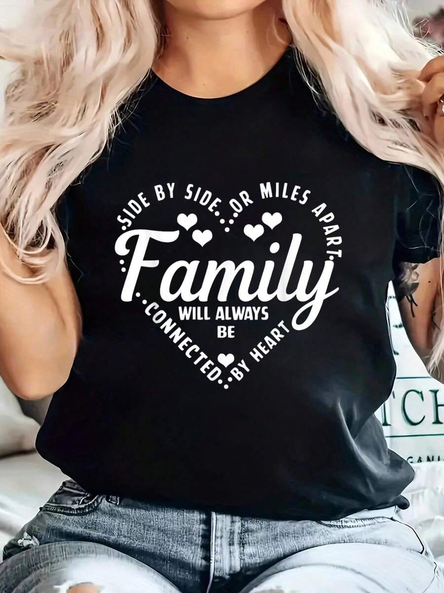 100% Cotton Family Matching Shirt Family Always Be Connected By Heart T-Shirt Printed Cotton Women's T-Shirt, Women's Clothing, Short-Sleeved Round Neck Casual Tops For Spring And Summer
