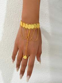 1件优雅创意中东斋月铜镀金复古硬币星星流苏可调节指环手链，女士派对/婚礼礼服配饰（由于非手工裁剪，尺寸可能略有差异） - 金黃色 - 查看 4