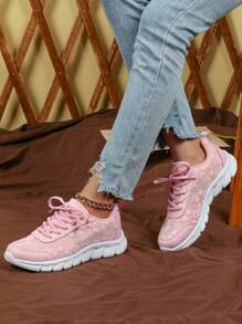 Zapatillas de running para damas con rosa y malla con estrellas, transpirables y suaves. Calzado ligero con amortiguación, suela cómoda y flexible, adecuado para vacaciones, actividades al aire libre, como regalo de pareja o para el Día de San Valentín