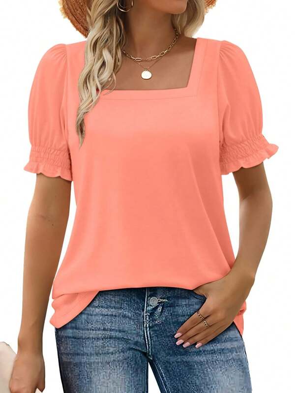 GEREARC Womens Top Square Neck Ruffled Cuffs Sleeve Cute Loose Blouse T Shirts