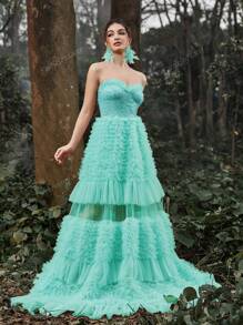 Faeriesty Vestido de fiesta con corpiño bordado, espalda con cordón, volantes en el bajo, vestido de dama, vestido de graduación formal, vestido de fiesta, vestido para invitada de boda