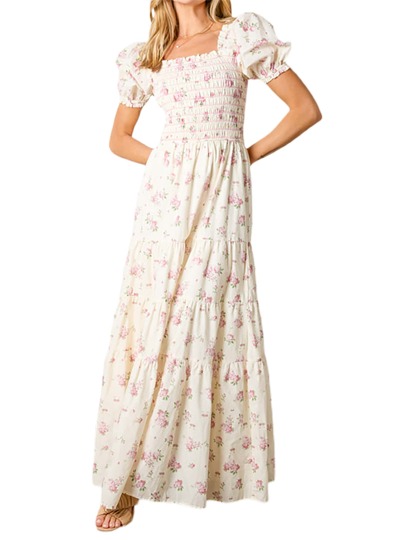 Women's Flower Print Long Dress Short Puff Sleeves Square Neck Shirred Flowy Dress For Summer
