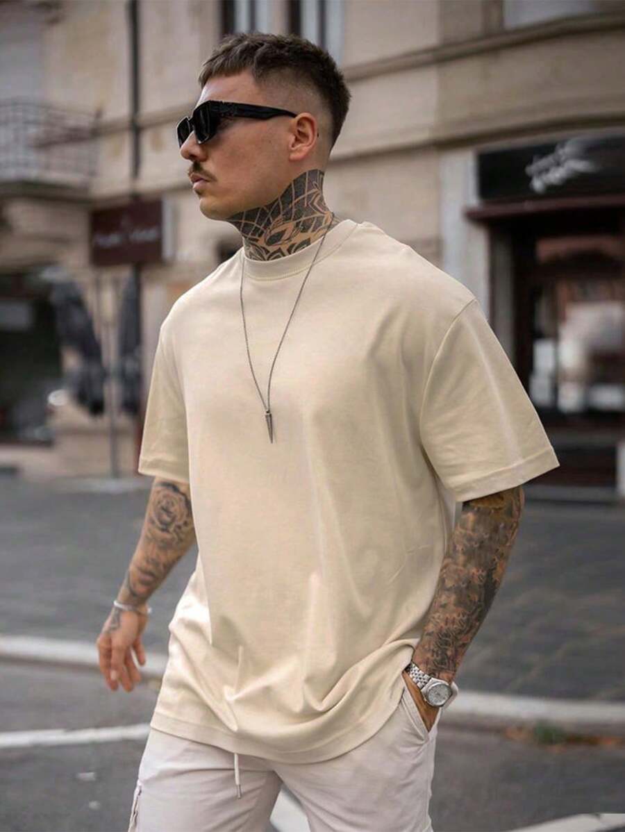 Men's Solid Color Low Stretch Simple Lightweight Loose Fit Short Sleeve T-Shirt, Versatile For Summer - Apricot - View 1