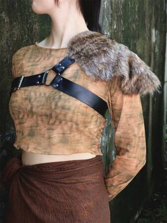 1 st medeltida vikingarrustning läderbälte päls axelvadd kostymrekvisita, varm pälsklädd sjal för karneval halloween cosplay