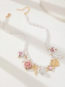 1pc Ceramic Flower Tea Cup & Bow Heart Pendant Necklace For Women, Faux Pearl Beaded Charm Necklace, Charm Jewelry, Lucky Charm Necklace (Handmade Ceramic With Random Color & Pattern)