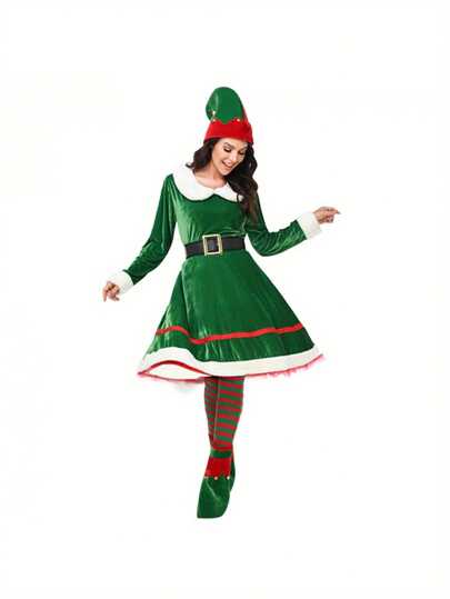 Women Christmas Elf Costume Set Velvet Dress Belt Striped Over Knee High Socks Elf Hat Shoes For Cosplay