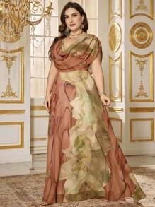 SUPGIR Plus Size Cowl V-Neck Watercolor Print Elegant Chiffon Flowy Party Dress,Gown,Formal,Evening,Wedding Guest