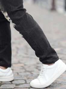 2024 男士弹力洗水破洞牛仔裤，修身舒适直筒休闲裤