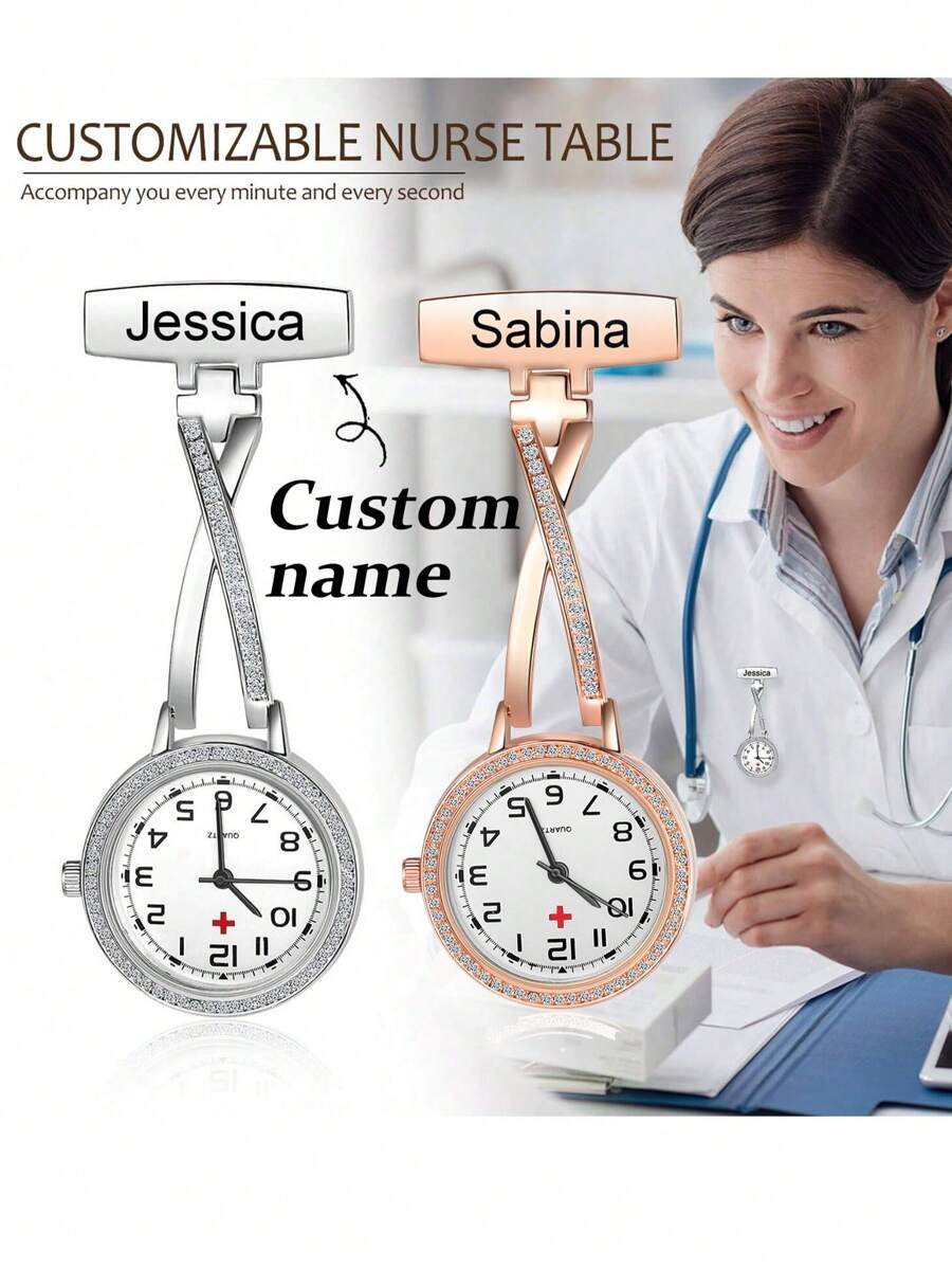1pc Custom Name Nurse Pocket Watch, Nurse Watch With Lapel Pin, Wedding Keepsake, Designed For Nurses, Hairdressers, Midwives Exclusively, Personalized Nurse Name Rhinestone Pocket Watch, Engraved Nurse Pocket Watch For Nurses, Beauticians, Midwives, Silver, Stylish, Vintage, Unisex, Hipster, Simple, Casual, Ideal Gifts For Him, Ideal Gifts For Her, Boyfriend, Girlfriend, Dad, Mom, Family, Friends, For Anniversaries, For Birthdays, For Graduation, For Prom, For Party - Silver - View 1