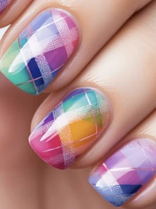 24 szt. kolorowych, naklejanych sztucznych paznokci w kratkę, urocze akcesoria do paznokci