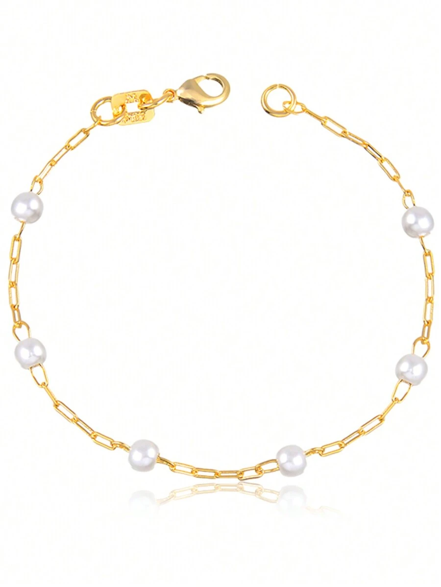 Pulseira Dourada Infantil Elos 1x1 Achatados com Detalhe em Pérolas (15cm)