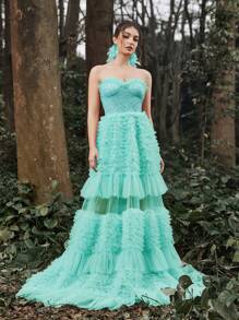 Faeriesty Vestido de fiesta con corpiño bordado, espalda con cordón, volantes en el bajo, vestido de dama, vestido de graduación formal, vestido de fiesta, vestido para invitada de boda