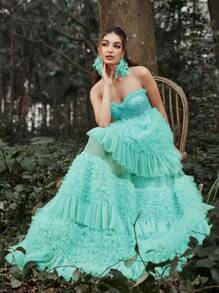 Faeriesty Vestido de fiesta con corpiño bordado, espalda con cordón, volantes en el bajo, vestido de dama, vestido de graduación formal, vestido de fiesta, vestido para invitada de boda