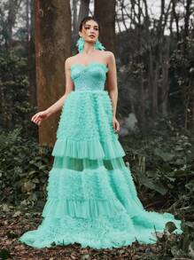 Faeriesty Vestido de fiesta con corpiño bordado, espalda con cordón, volantes en el bajo, vestido de dama, vestido de graduación formal, vestido de fiesta, vestido para invitada de boda