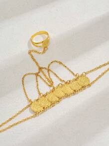 1件优雅创意中东斋月铜镀金复古硬币星星流苏可调节指环手链，女士派对/婚礼礼服配饰（由于非手工裁剪，尺寸可能略有差异） - 金黃色 - 查看 2