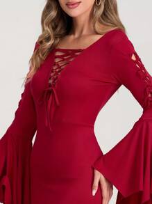 Women Halloween Vampire Costume Cut-Out Lacing Bodycon Gothic Floor Dress Cosplay Outfits - Red - View 5