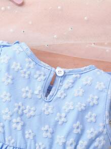 2pcs Set, Casual, Elegant, Sweet, Cute, Toddler Girls' Dress, Baby Girl Clothes, Soft & Comfortable, Floral Jacquard Bow Decor Ruffle Trim Solid Color Sleeveless Princess Dress Outfit, Suitable For Daily Wear, Vacation, Party, Photography