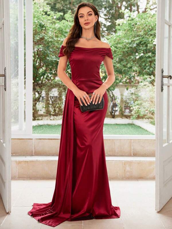 MUXXN Vestido formal de satén con hombros descubiertos, drapeado lateral y abertura en el muslo, vestido de fiesta, vestido de invitada de boda, vestido de noche, vestido de gala