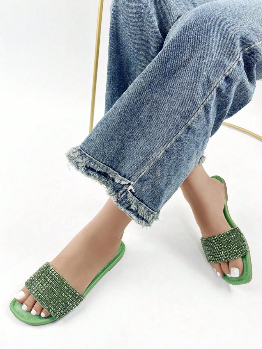 Fashionable Elegant Rhinestone Decor Flat Sandals Stylish Sandals Summer Sandals For Women - Green - View 1