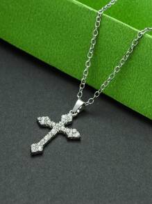 1 pièce Collier pendentif croix à la mode pour femme, en alliage de couleur argent avec strass, longueur de chaîne réglable, style classique gothique punk hip-hop rétro, convient pour les fêtes, les célébrations et le port quotidien