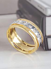 1pc Luxury Elegant Dual-Tone Design Wide Band Cubic Zirconia Ring, Gift For Men, Valentine's Day, Father's Day, Birthday, Party