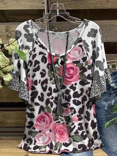 Plus Size Bohemian Style T-Shirt, Spring Summer Women's Plus Size Leopard And Flower Print & Leopard Lace Trim V-Neck Short Sleeve Stretch T-Shirt Top