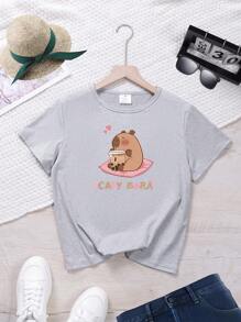 Tween Girl Cartoon Pattern Slogan Print Short Sleeve Loose T-Shirt