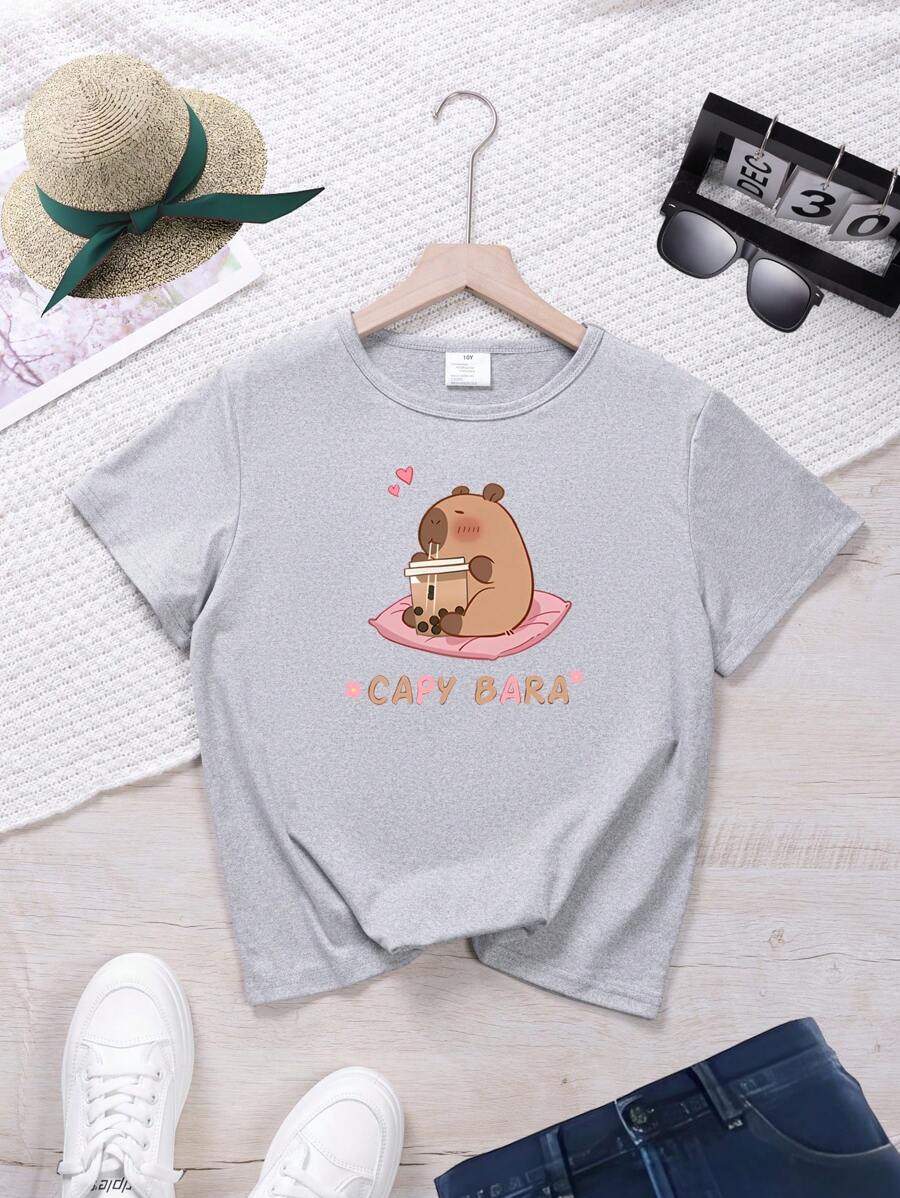 Tween Girl Cartoon Pattern Slogan Print Short Sleeve Loose T-Shirt
