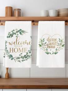 2 Pcs Eucalyptus Leaves Farmhouse Kitchen Towels Sage Green Simplicity Dish Towels Kitchen Drying Tea Towels - White - View 1