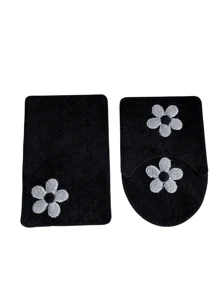 Cotton Bath Mat Set Kit With 3 Pieces Low Pile Applique Various Colors - Black - View 1