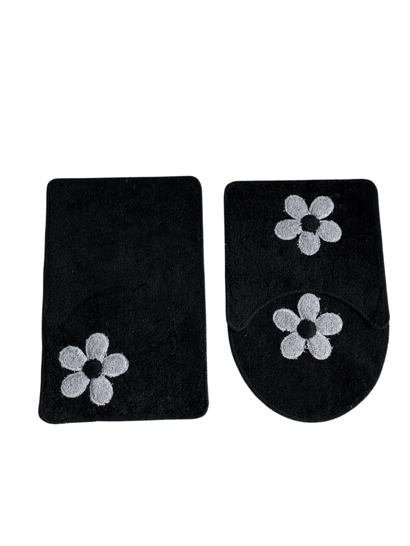 Cotton Bath Mat Set Kit With 3 Pieces Low Pile Applique Various Colors - Black - View 1