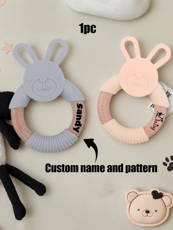 1/2 Pcs Custom Engraving Name/Pattern Bunny Baby Teether Toy, Personalized Silicone Rabbit Teething With Name, Customized Name Engraved Bunny Rattle, Customizable Wooden Ring Toy,Multi-Functional,Ornamental,Letter,Stylish,Modern,Colorful,Kawaii,Adorable,Cute,Casual,Custom,Personalised,Unique,Customized,Son,Daughter Back To School
