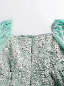 Abito da sera da donna, in jacquard, a forma quadrata, elegante e aderente, in chiffon, con maniche corte arricciate, abito da festa, cerimonia, matrimonio