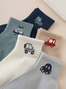5 Pairs Interesting Cartoon Cars Pattern Colorful Jacquard Knit Mid-Calf Kids Socks, European Size, Comfortable, Breathable , Suitable For All Seasons, High-Quality Material, Non-Sweaty