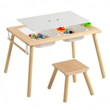 Children's Sensory Table With Stool, Kids Activity Table With 2 Storage Bins & 2 Pen Holders & Paper Roll, Multifunction Toddler Table For Play Study Dining Reading Arts Crafts, Wood