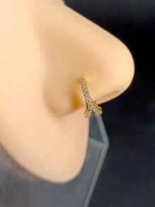 1pc Copper Alloy Nose Ring With Wave, Chevron, Butterfly, 5 Rhinestones Design, Delicate Rhinestone Nose Hoop Nose Piercing Jewelry, Fashionable Versatile Nose Ring For Women