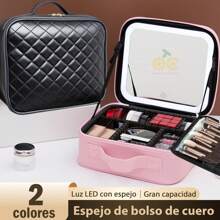 1 neceser de viaje con espejo iluminado por LED, organizador de brochas de maquillaje, estuche de maquillaje con espejo, neceser de maquillaje portátil, organizador de cosméticos de viaje, neceser de cosméticos, estuche de cosméticos con compartimentos ajustables, organizador de cosméticos impermeable, herramienta de almacenamiento, con espejo, con compartimentos, con organizador de brochas de maquillaje, con asa de transporte, diseño de rombos, alta calidad, adecuado para el hogar, la empresa, la escuela, de viaje (rombo negro, rombo rosa)